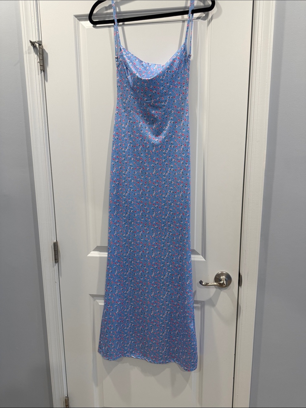 Blue Floral Body Con Maxi Dress with Open Back, Size M